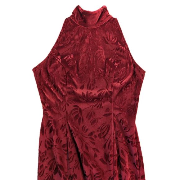 Howard Hartsfield Maxi Dress M Red Velvet Floral 90s Halter Mock Neck Slit - Picture 4 of 10